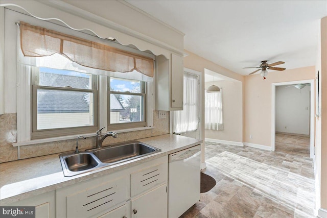 kitchen with backsplash, ceiling fan, sink, dishwasher, and white cabinetry