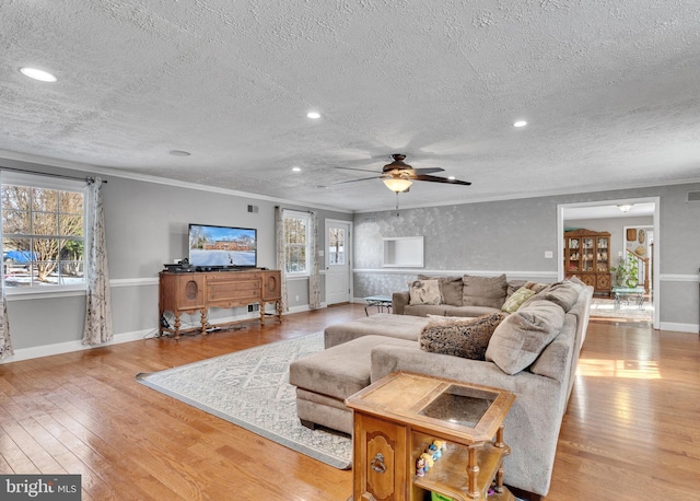 living room featuring ceiling fan, ornamental molding, a textured ceiling, and light wood-type flooring