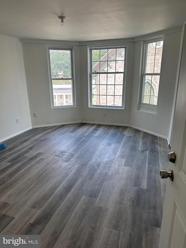 unfurnished room with dark wood-type flooring