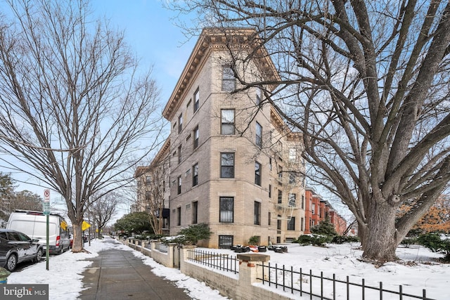 view of snow covered building