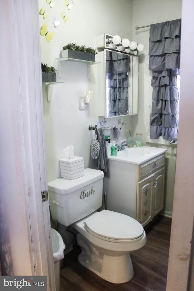 bathroom featuring vanity, hardwood / wood-style flooring, and toilet