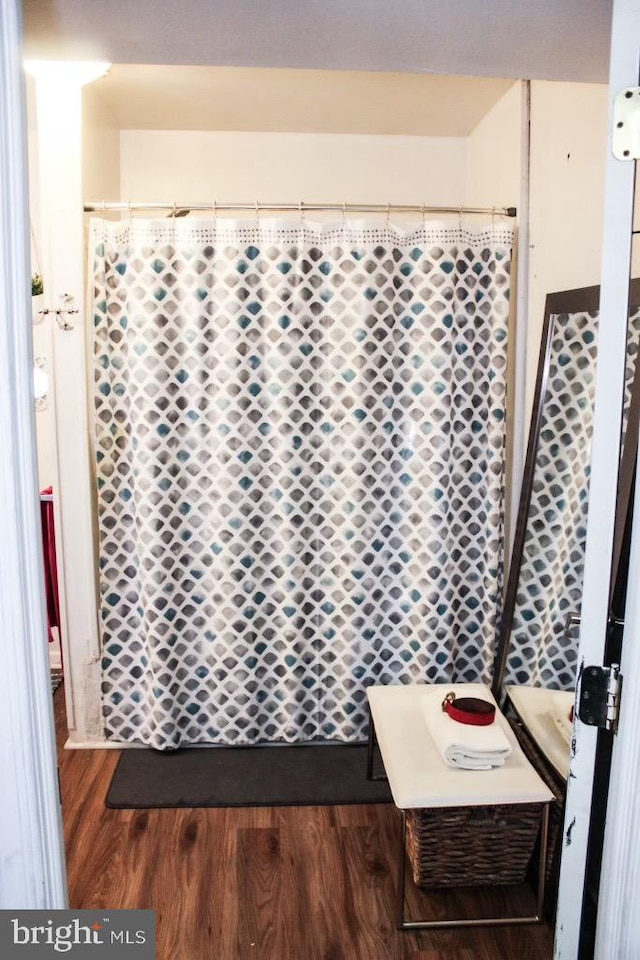 bathroom with wood-type flooring