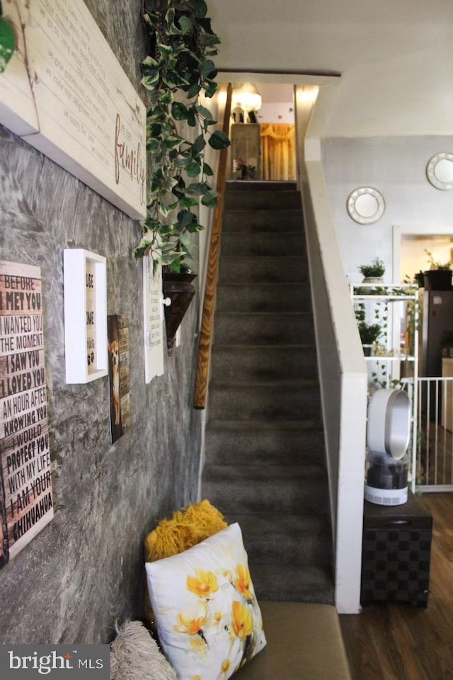 stairway featuring hardwood / wood-style flooring