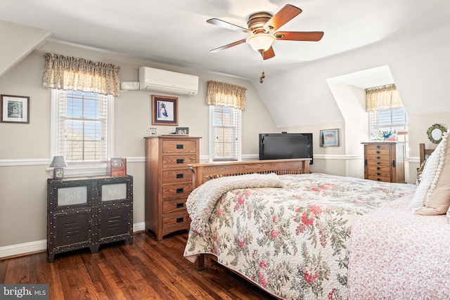 bedroom featuring multiple windows, a wall mounted air conditioner, dark hardwood / wood-style floors, and ceiling fan