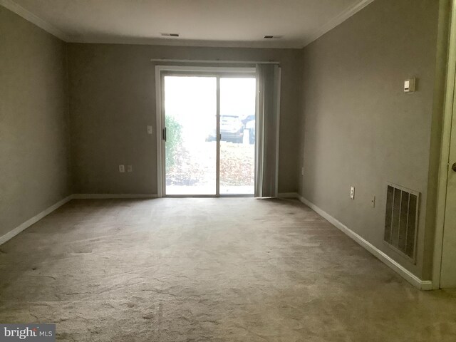 empty room featuring carpet floors and ornamental molding