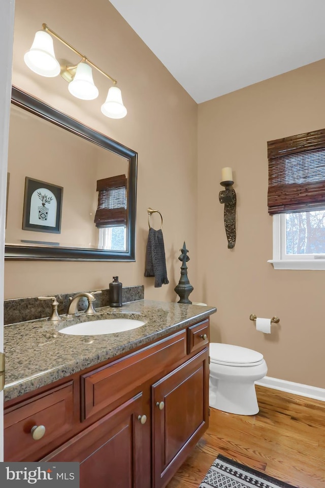 bathroom with vanity, toilet, and hardwood / wood-style floors