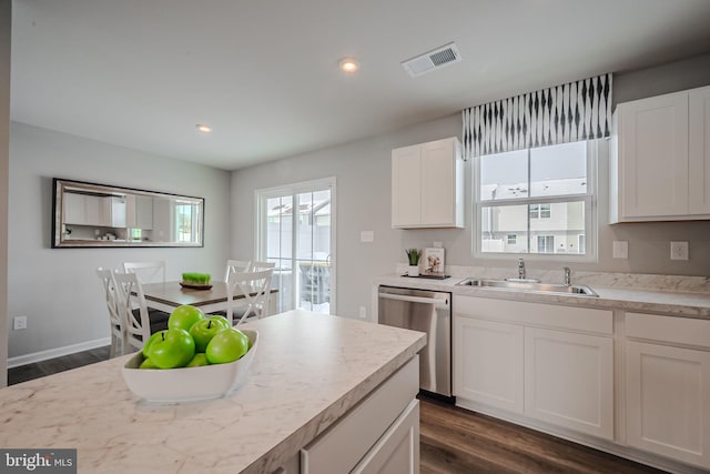 kitchen featuring stainless steel dishwasher, white cabinetry, dark hardwood / wood-style floors, and sink