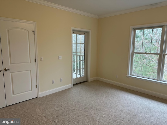 unfurnished room with light colored carpet and ornamental molding