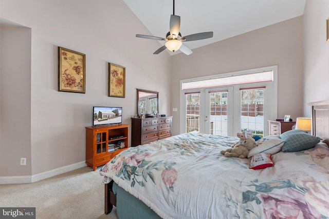 bedroom with light carpet, ceiling fan, vaulted ceiling, and access to outside