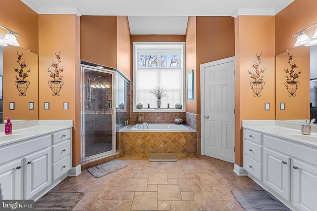 bathroom with vanity, plus walk in shower, and ornamental molding