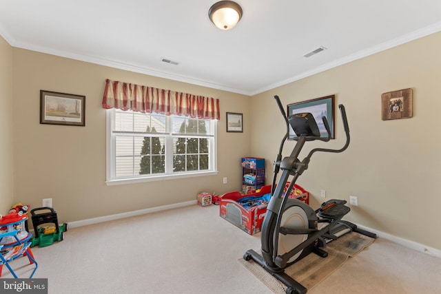 workout room featuring carpet flooring and crown molding