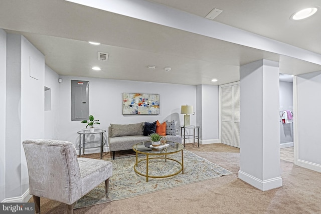 living room featuring electric panel and light carpet