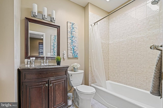 full bathroom featuring toilet, tile patterned flooring, shower / tub combo, and vanity