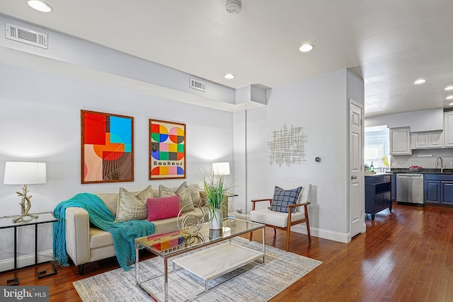 living room with sink and dark wood-type flooring