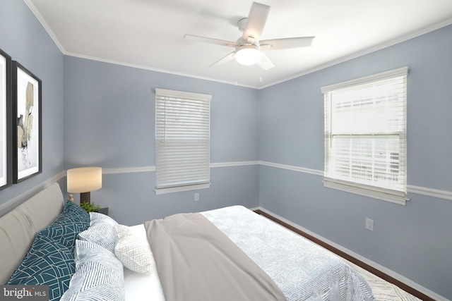 bedroom with multiple windows, ceiling fan, and ornamental molding