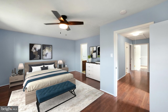 bedroom with ceiling fan and dark wood-type flooring