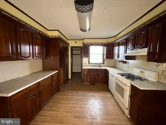 kitchen with crown molding, dark brown cabinets, white appliances, and light wood-type flooring