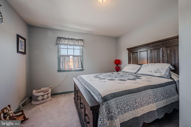 bedroom featuring light colored carpet