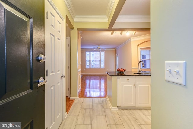 corridor featuring crown molding, sink, and track lighting