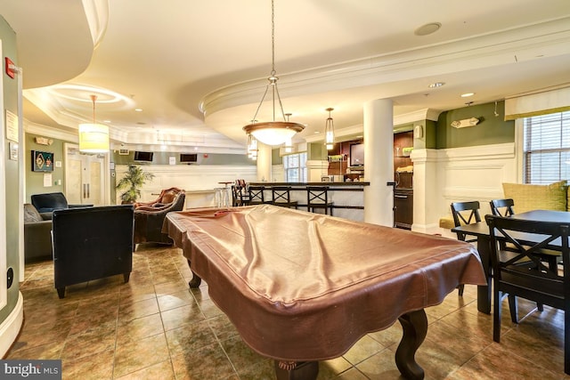 recreation room featuring ornamental molding and pool table