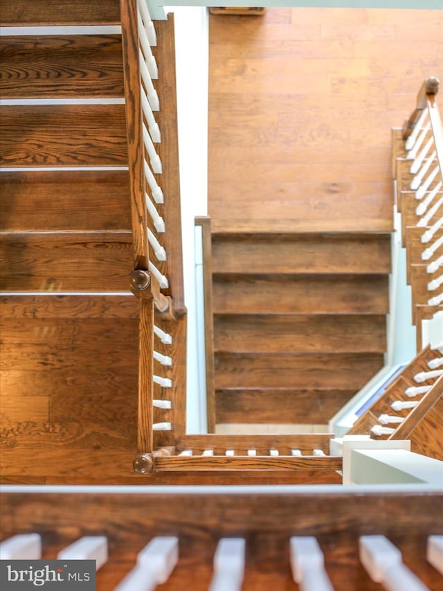 staircase with wooden walls