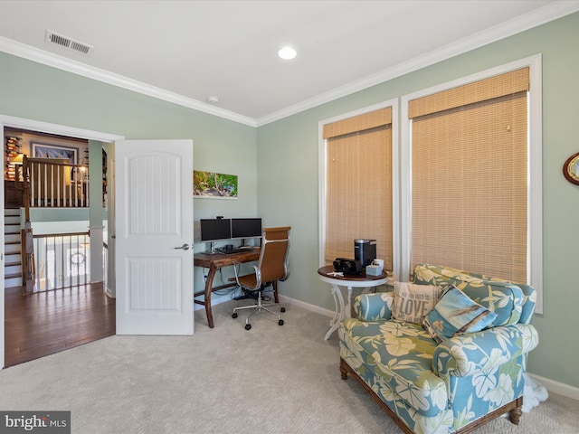 office area featuring carpet flooring and crown molding