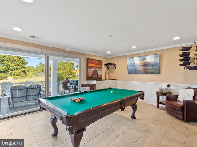 rec room with light tile patterned flooring, ornamental molding, and billiards