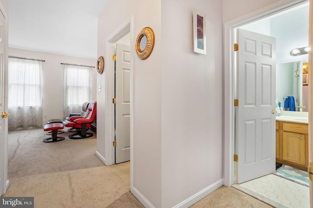 hallway with light carpet