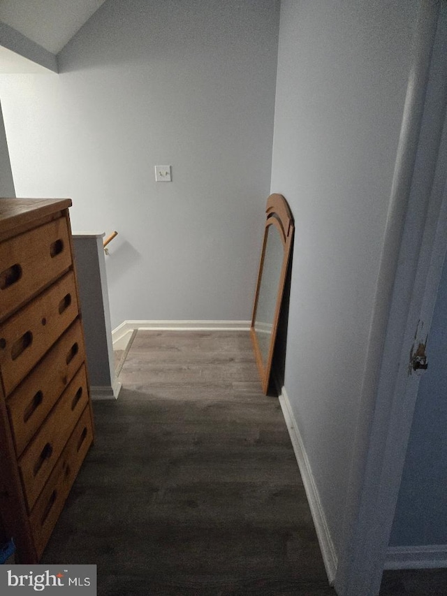 corridor featuring dark hardwood / wood-style floors and lofted ceiling