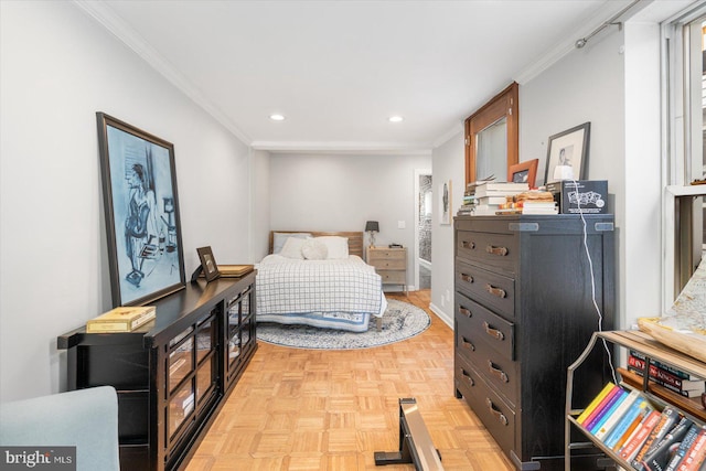 bedroom featuring light parquet flooring and crown molding