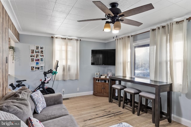 living room with ceiling fan, ornamental molding, and light hardwood / wood-style flooring