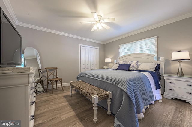 bedroom with hardwood / wood-style floors, a closet, ceiling fan, and ornamental molding