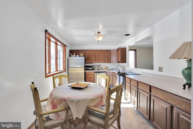 kitchen with stainless steel appliances, sink, and kitchen peninsula