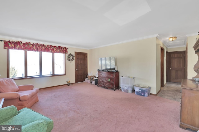 carpeted living room with crown molding