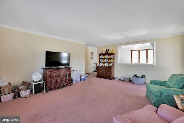 carpeted living room featuring ornamental molding