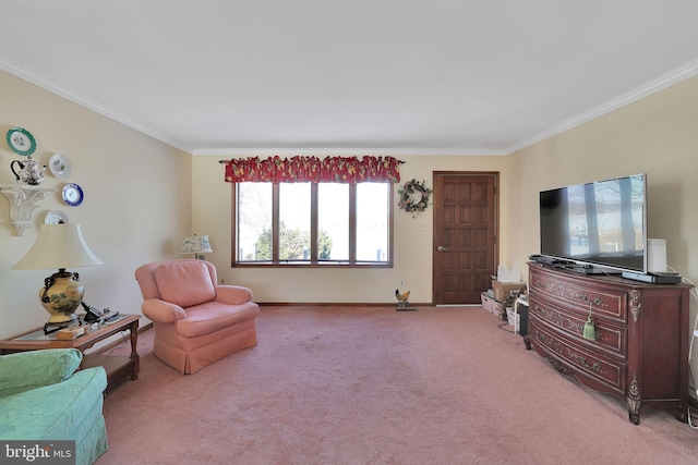 sitting room featuring light carpet and crown molding