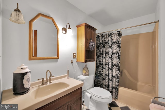 full bathroom featuring toilet, vanity, and shower / bath combination with curtain