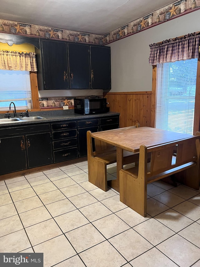 kitchen with wooden walls, plenty of natural light, light tile patterned floors, and sink