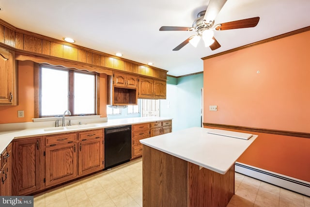 kitchen featuring dishwasher, a kitchen island, baseboard heating, ornamental molding, and sink