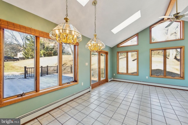 unfurnished sunroom with ceiling fan with notable chandelier, a baseboard heating unit, and lofted ceiling with skylight