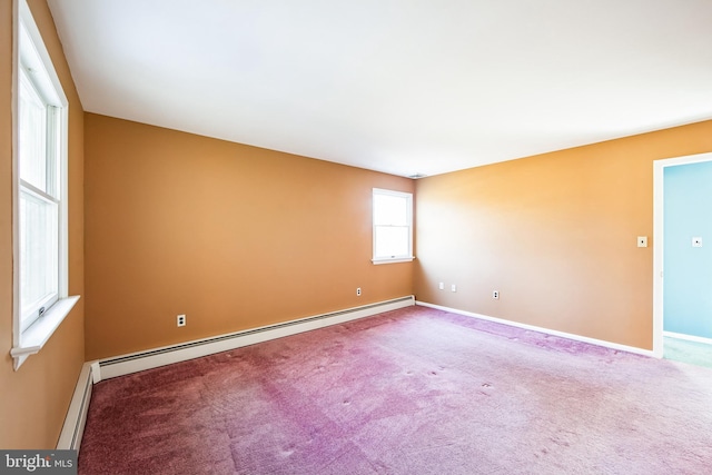 spare room with a baseboard heating unit and carpet floors