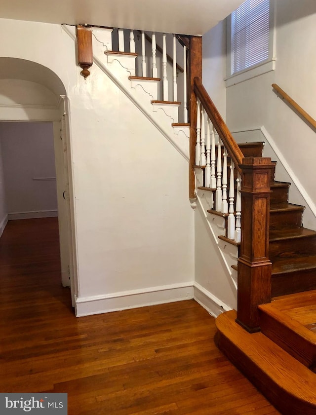 stairway with hardwood / wood-style flooring