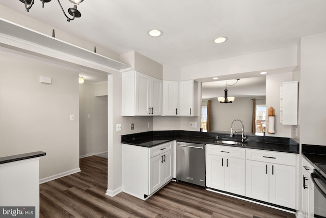 kitchen featuring dark wood-type flooring, sink, white cabinets, and stainless steel dishwasher