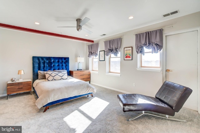 bedroom with recessed lighting, carpet, visible vents, and baseboards