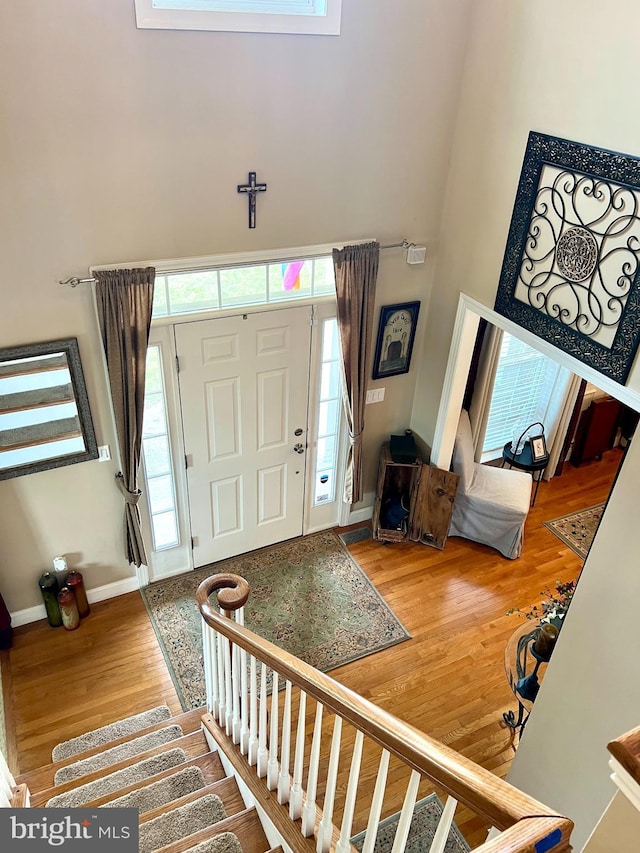 foyer featuring hardwood / wood-style floors and a high ceiling