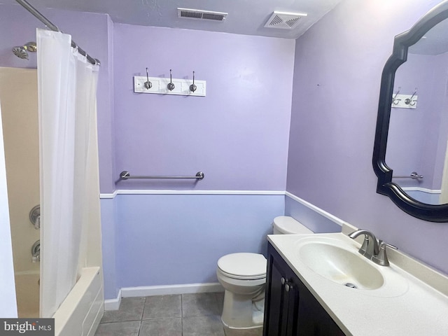 full bathroom featuring tile patterned floors, vanity, shower / tub combo, and toilet