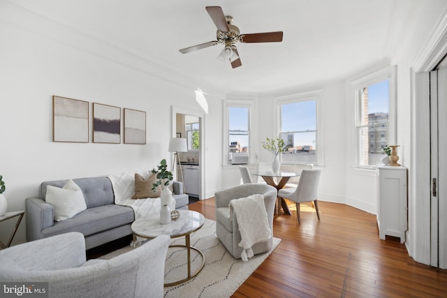 living room with wood-type flooring, ceiling fan, and a healthy amount of sunlight