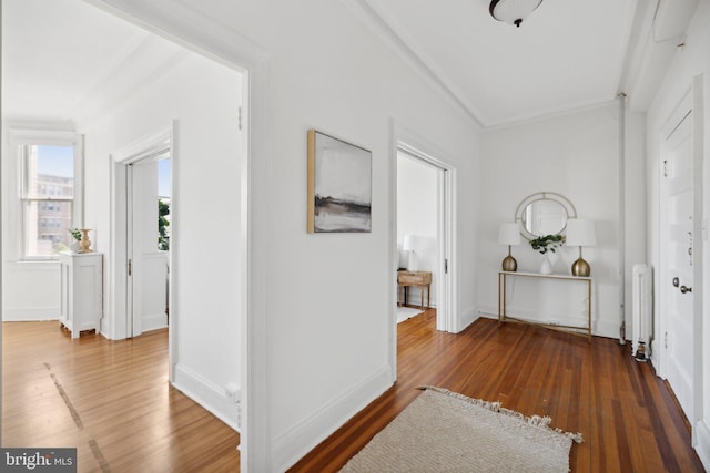 corridor with radiator heating unit, dark wood-type flooring, and ornamental molding