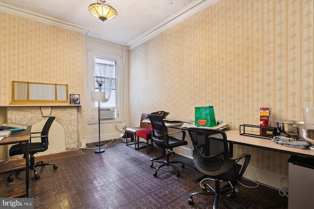 office featuring a textured ceiling, ornamental molding, built in desk, and cooling unit