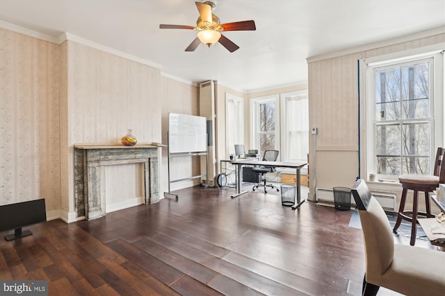 home office featuring ceiling fan, ornamental molding, and dark hardwood / wood-style floors